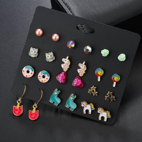 12 PCS/SET Lollipop&alpaca&Unicorn shape Earring Set For Girls Crystal Statement Earring Jewelry Metal Wedding Earrings ER200108
