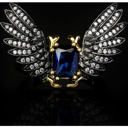 2021 New Micro-inlaid Blue AAAA Zircon Black Gold Two-tone Demon Wings Exaggerated Womens Jewelry Party Wings Ring