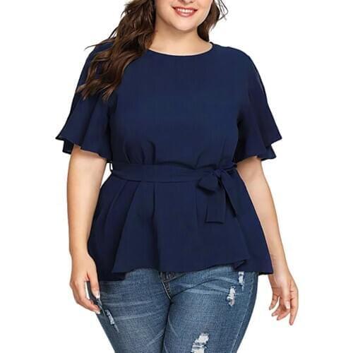New Plus Size Blouses Womens Solid Color Clothes O Neck Shirts Short Sleeve Shirt Women Belted Knot Blouse Tops Female 3