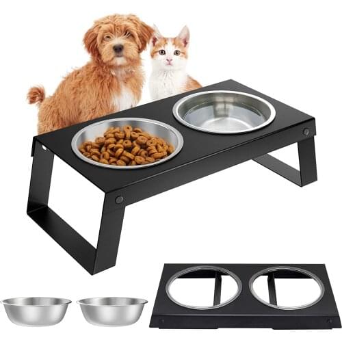 Elevated Dog Bowls,Metal Shelf + 2 Dog Food Stainless Steel Bowls Dishes Water Bowls,Non-Slip No Spill Foldable Raised Pet Bowls