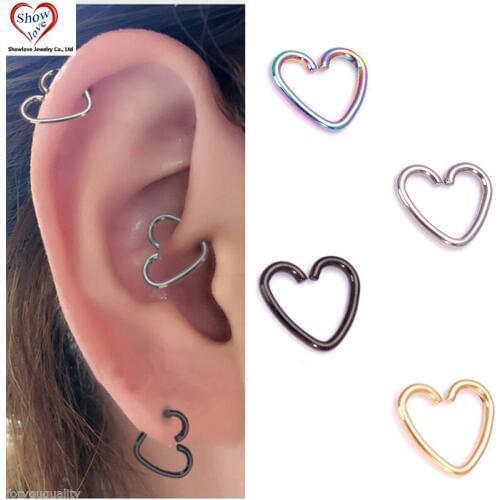 Showlove-4Pcs Surgical Steel Heart Ring Piercing Hoop Rings Helix Cartilage Tragus Daith Ear Studs Lip Nose Rings Piercing