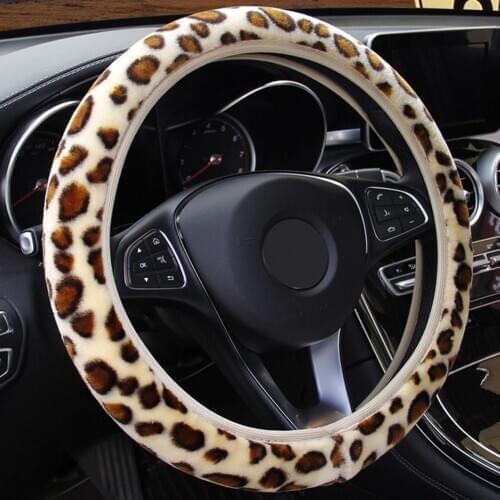 Winter Warmer Leopard Soft Plush Elastic Anti-Slip Car Steering Wheel Cover