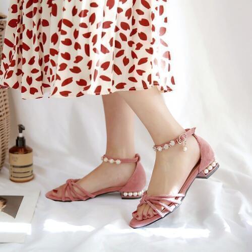 Big Size ladies high heels women shoes woman pumps Pearl sandals with one-word buckle