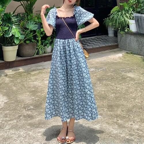 VSUE Bohemian Chiffon Flower Print Puff Sleeve Slash Neck Elastic Chest Wrapping Fit And Flare Maxi Mid Dress Plus Size D3078