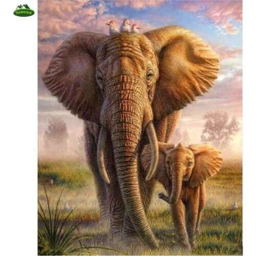 YUMEART Diamond Painting Cross Stitch Elephant Animals Family Diy Square Mosaic Pattern Full Diamond Embroidery Drawing Painting