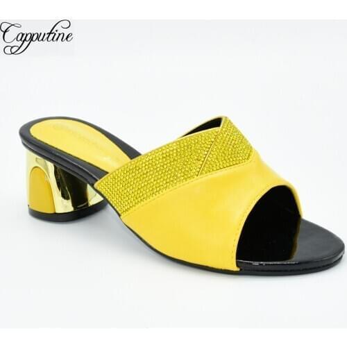 Yellow African Womens Party High Heel Slip-on Shoes With Rhinestones 88-35 Heel Height 6.5CM