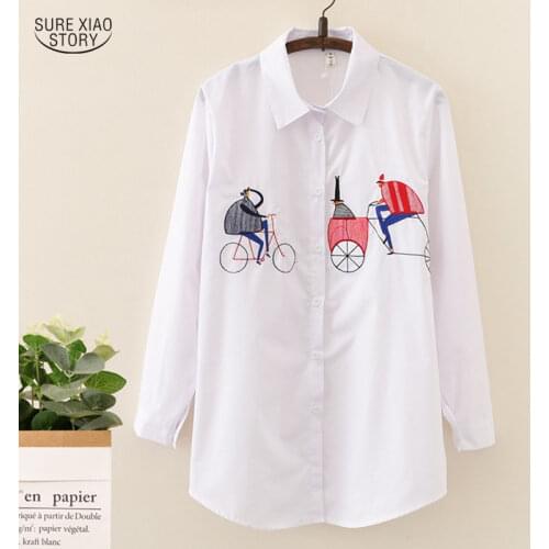 New Korean Style Long Sleeve White Women Shirt 2021 Summer Cotton Casual Loose Embroidery Turn up Collar Female Blouse 5085 50