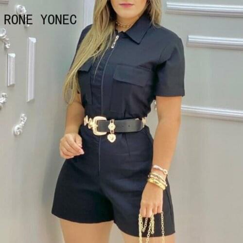 Women Short Sleeve Pocket Design Romper Casual Women Jumpsuits