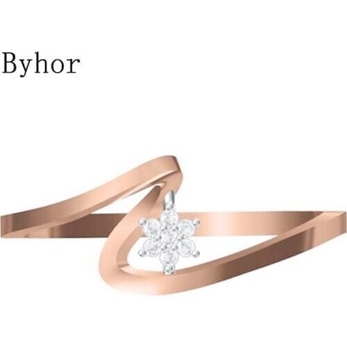 Byhor Solid 14K White+Rose Gold 0.028ct H/SI Natural Diamonds Fine Jewelry Trendy Wedding Band Diamond кольцo Flower ring Women