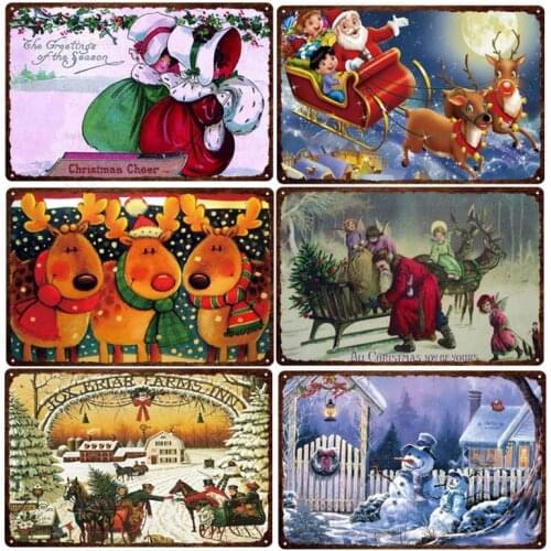 Lively And Happy Christmas Metal Tin Sign Santa Elk Snowman And Tree Vintage Metal Poster For Bar Pub Club Room Christmas Decor
