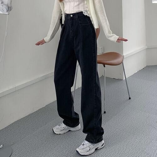 High Waist Wide Leg Denim Mop Pants Womens Fall 2020 Korean Style Loose Retro Slimming Ins Trendy Black Straight Pants