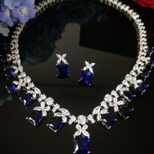 HIBRIDE Charm Blue Square Shape Dubai Jewelry Sets White Gold Color Wedding Necklace Earrings Sets Bijoux bijoux mariage N-481