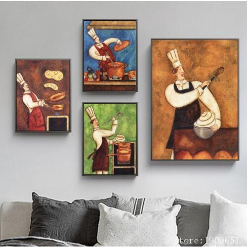 No frame modern cartoon happy chef cooking canvas printings oil painting printed on cotton home wall art decoration pictures