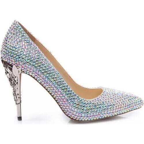 Basic Pumps 100mm Iron Heel Plating Color Diamonds Multi-colors Rhinestone Wedding Shoes Stiletto Heels Pointed Toe Wedding Pump