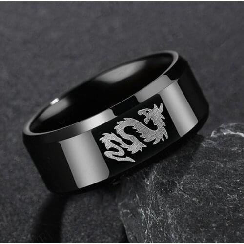 Stainless Steel Classic Style Black Ring Chinese Dragon And Wolf Head Ring Boy Boyfriend Women Gift Dropshipping