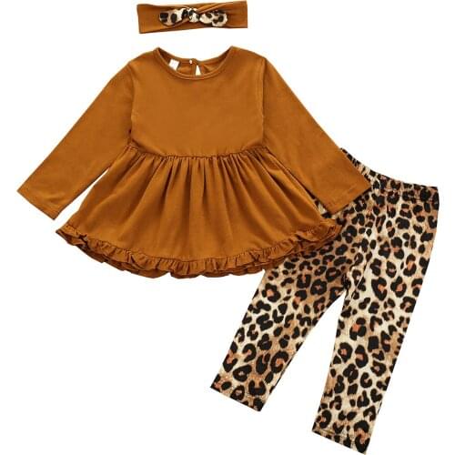 FOCUSNORM 0-4Y Autumn Infant Baby Girls Clothes Sets 3pcs Ruffles Long Sleeve Dress Tops Leopard Pants+Headband