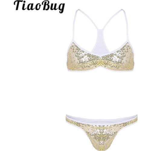 TiaoBug Men Crossdressing Shiny Sequins Sissy Lingerie Set Spaghetti Straps Bra Top with Thong Jockstrap Sexy Male Gay Underwear