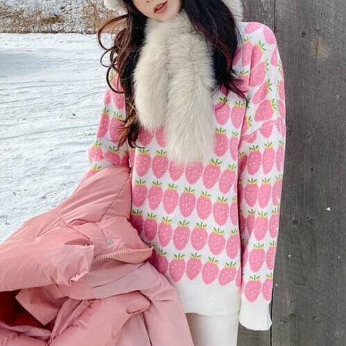 Sweet Japanese Cute Girl Kawaii Lolita Sweater Preppy Style Gentle Fairy Vintage Strawberry Pattern Harajuku Women Slim Pullover