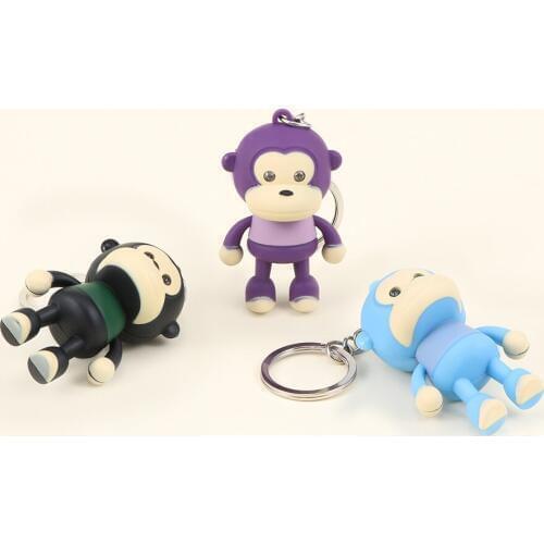 Cute Monkey LED Key Chain With Sound Key Ring Mini Flashlight Torch Animal Shape Keyring For Kids Toy Bag Accessories Gift