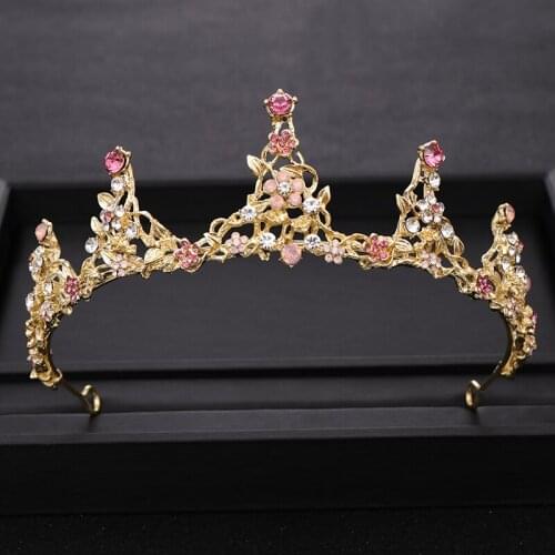 Trendy Pink Crystal Princess Crown Gold Wedding tiara Bridal Diadem Rhinestone Hair Jewelry Headpiece Wedding Hair Accessories