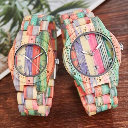 Fashion Wood Watch Colorful Rainbow Wooden Band Couple Quartz Wooden Watches Minimalist Bracelet Clock For Men Ladies