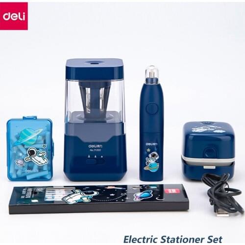 Deli 6 In 1 Electric Stationery Set Vacuum Desktop Cleaner Pencils Sharpener Auto Correction Eraser Portable Study Tools For Kid