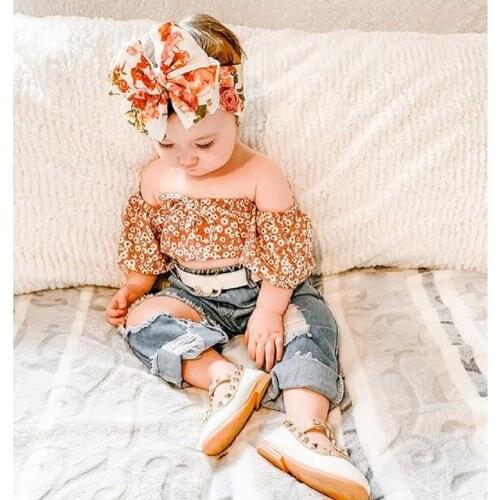 1-5Y Toddler Clothes Kids Baby Girl Orange Floral Off Shoulder Crop Top Ripped Jeans Outfits Toddler Summer Children Clothing