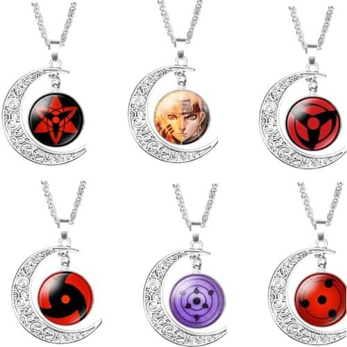Anime Necklace Pendant Sharingan Eye pendant Necklace Vintage Jewelry Chain Glass retro Pendants Silver Crescent Pendant
