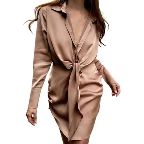 Turn-down Collar Shirt Dress Women Elegant Long Sleeve Solid Color Front Knot Single-breasted Elegant ladies Mini Dresses