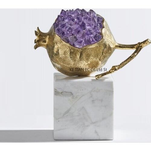 Luxury Purple Crystal Stone Sculpture Brass Pomegranate Statue with Marble Base Natural Crystal Stone Ornaments Home Decor Gifts