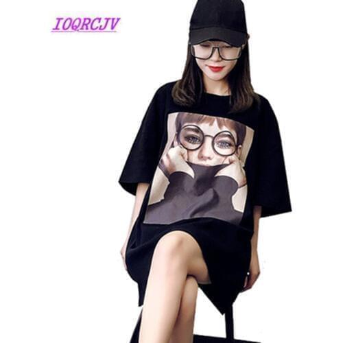 Spring Summer Womens Casual Shirt New Wild Round neck Medium length Tops Loose Character printing Student T-shirts IOQRCJV B014