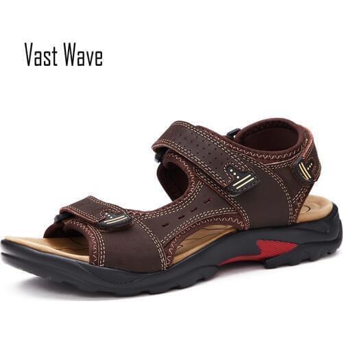 VASTWAVE Summer Big Size Mens Sandals British Fashion Genuine Leather Beach Shoes Mens Casual Massage Non-Slip Slippers Flats
