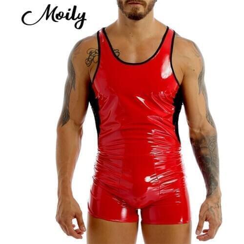 Sexy Mens Wet Look PU Leather Sleeveless Leotard Short Bodysuit One Piece Lingerie Latex Catsuit Jumpsuit Nightclub Costume