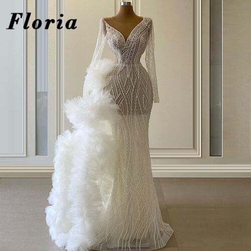 Modest Beading Appliques Wedding Dresses For Women 2021 Turkish Middle East Long Transparent Bride Dress Bridal Gowns Robe Dubai