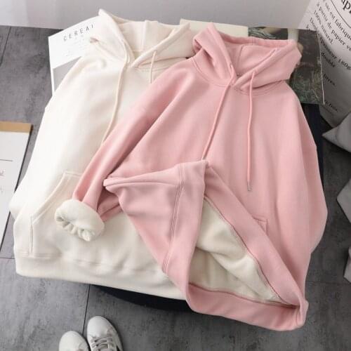 Hoodie Korean Style Solid Plus Velvet Thick Long Sleeve Pocket Loose Autumn Winter Pink Kawaii Hoodie Harajuku Oversized Hoodie