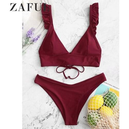 ZAFULWomen Swimsuit Sexy High Waist Bikinis Push Up Padded Plain Lace Swimwear Bandage Ruffles Brazilian Bikini Set Bathing Suit