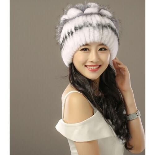 ​2020 Handmade Knitted Women 100% Real Rex Rabbit Fur Hat Top Fox Fur Flowers Caps Winter Warm Luxury Genuine Rex Rabbit Fur Hat