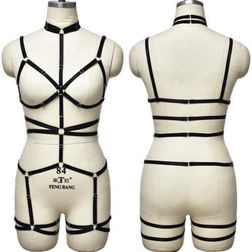 Women Black Harness Set Bodysuit Pole Dance Adjustable Body Harness Cage Bra Hollow Bandage Stockings Goth Garter Belt