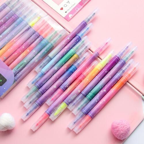 Starry Double Head Highlighter Pen Colorful Candy Pastel Liquid Marker Fluorescent Highlighters Watercolor Drawing Pen School
