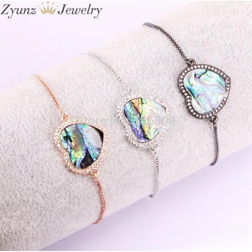 10PCS ZYZ327-1325 Paua Shell Abalone Heart Shape Connector Bracelet, Pave Setting With CZ -Natural Abalone Beads Bracelets