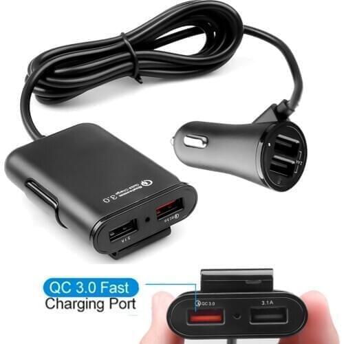 4 Ports Car Charger USB Quick Charge 3.0 5.6ft Extension Cable QC 3.0 Fast Charge for Samsung Xiaomi Pad Tablet Power Adapter