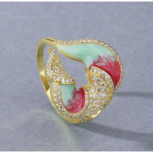 CIZEVA Colorful Enamel Ring for Women Luxury 18K Yellow Gold Color Pave Set Cubic Zirconia Wedding Bridal Engagement Rings