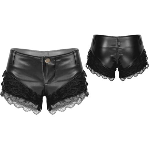 Womens Lace Patchwork PU Leather Latex Shorts Ladies Fashion Streetwear Low Waist Button Hot Pants Rave Pole Dance Clubwear