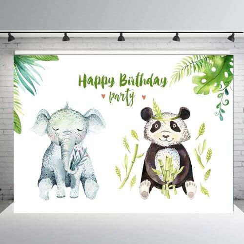 Happy Birthday Backdrop Watercolor Plant Leaves Elephant Panda Kids Baby Shower Party Decor Dessert Table Photo Background