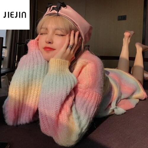 Korean Rainbow Knitted Cardigan Women Autumn Winter Tie Front Sweet Japanese Kawaii Sweater Coat Female Long Pink Cute Sweate