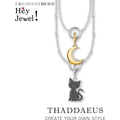 Leather Necklace Golden Moon & Black Cat,2019 925 Sterling Silver Link Chain Fashion Jewelry Europe Bijoux Gift For Women