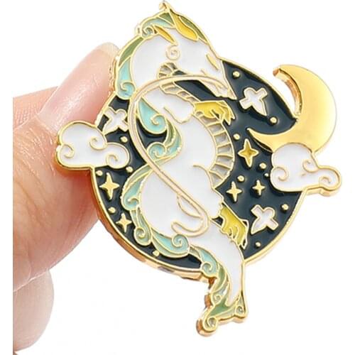 Fashion Miyazaki Hayao Spirited Away White Dragon Brooch Enamel Pins Night Star Moon Romance Pin Anime Brooch Jackets Coat Badge