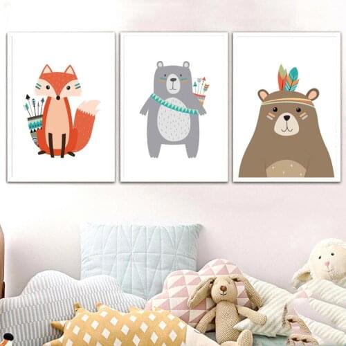 Cartoon Fox Bear Feather Tent Alphabet Wall Art Canvas Painting Nordic Posters And Prints Wall Pictures Kids Room Nursery Decor