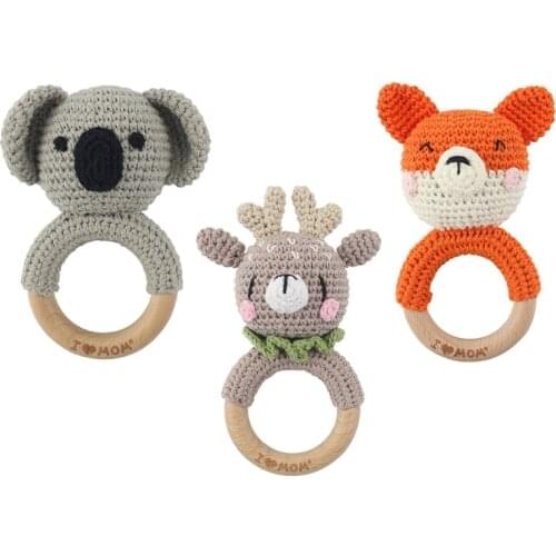 Cartoon Crochet Animal Koala/Elk Rattle Baby Wooden Teether Ring Infant Teething Nursing Soother Toys for Newborn Shower Gifts