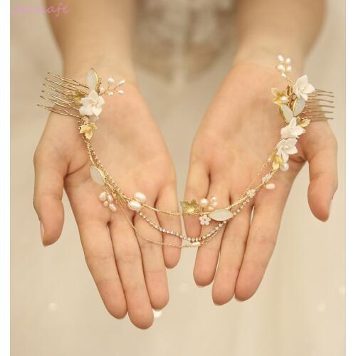 Delicate Porcelain Flower Long Comb Wedding Jewelry Pearls Women Headpiece Rhinestone Bridal Hair Vine Crown